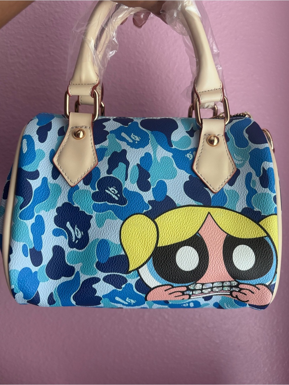 Power puff girls X Bape Blue Camo Cartoon Print Satchel Bag